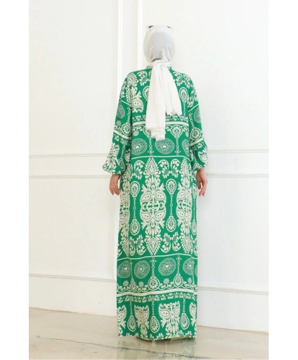 Desenli Viskon Elbise - Yeşil