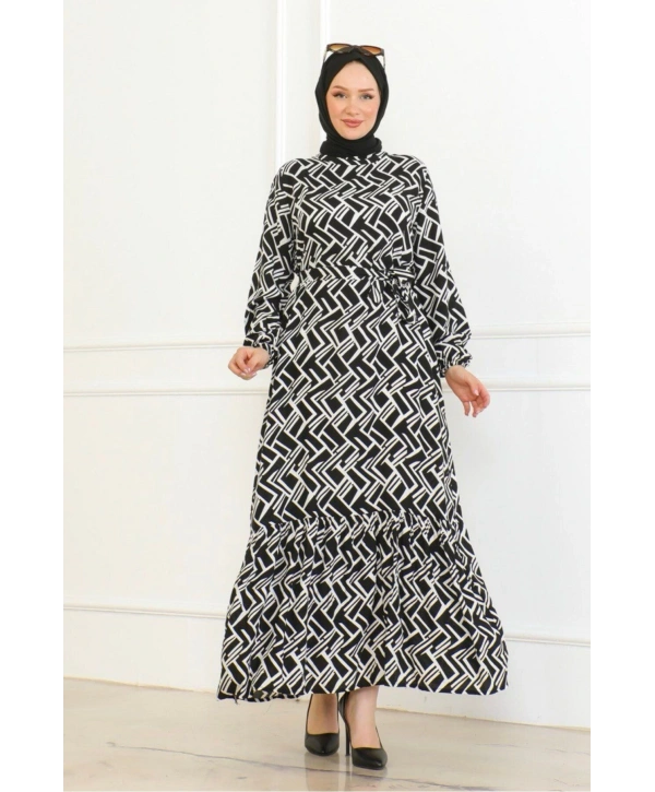 Çizgi Desenli Elbise - Siyah/Beyaz