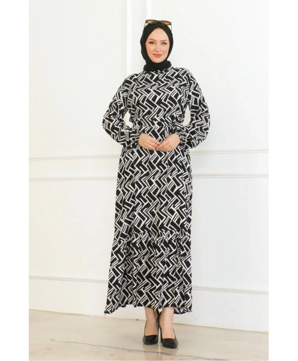 Çizgi Desenli Elbise - Siyah/Beyaz