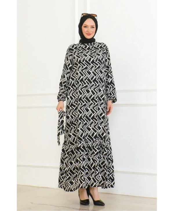 Çizgi Desenli Elbise - Siyah/Beyaz