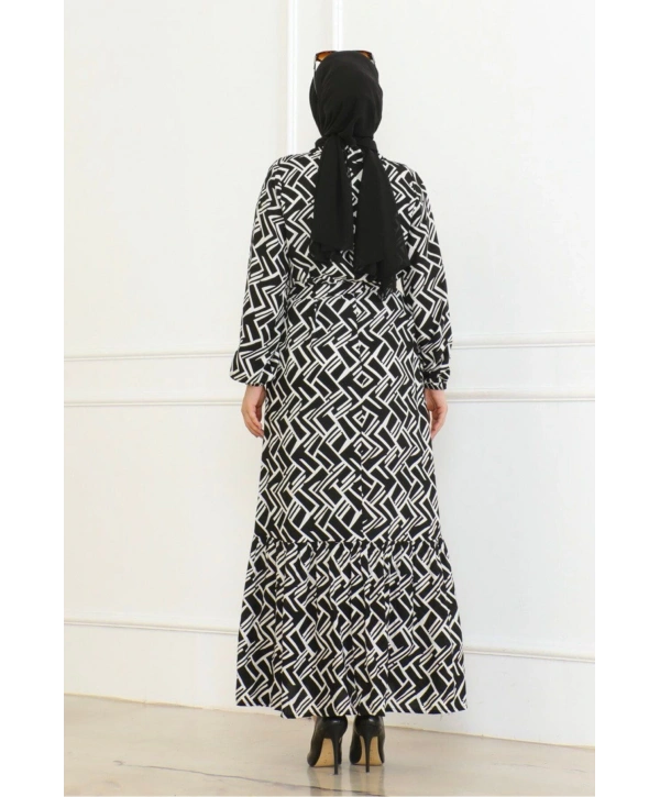 Çizgi Desenli Elbise - Siyah/Beyaz