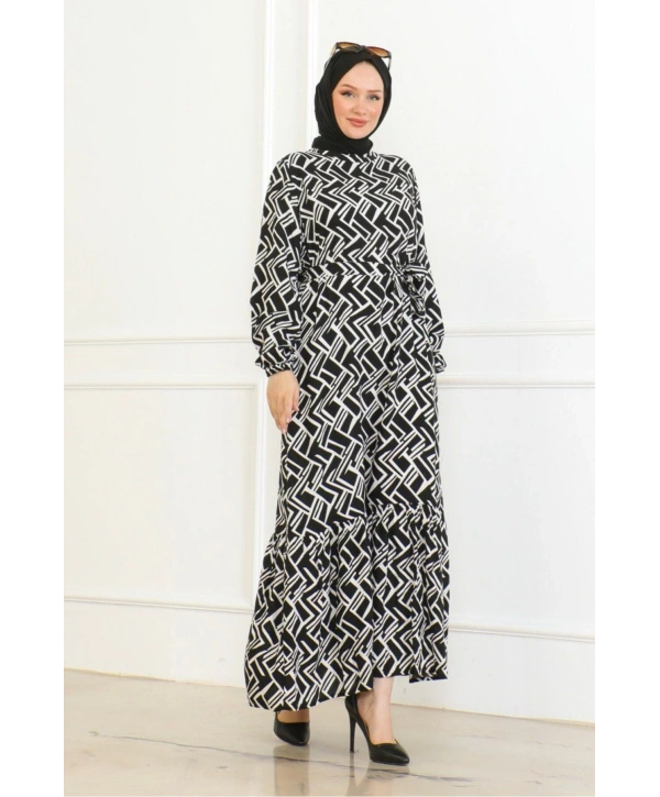 Çizgi Desenli Elbise - Siyah/Beyaz