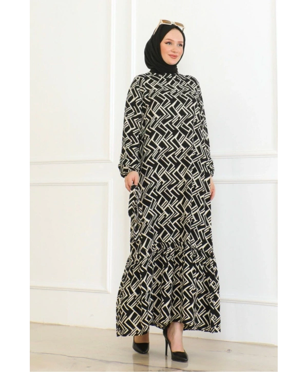 Çizgi Desenli Elbise - Siyah/Krem