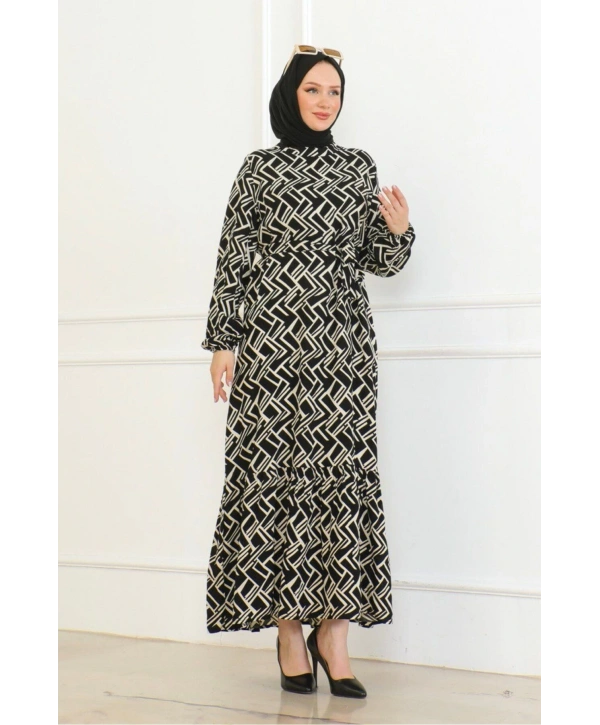 Çizgi Desenli Elbise - Siyah/Krem