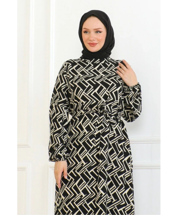 Çizgi Desenli Elbise - Siyah/Krem