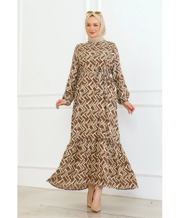 Çizgi Desenli Elbise - Taba