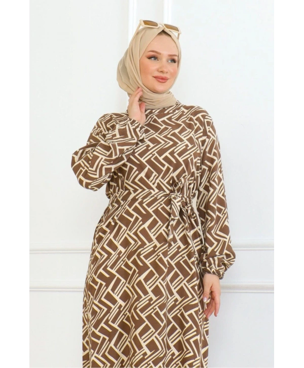 Çizgi Desenli Elbise - Taba