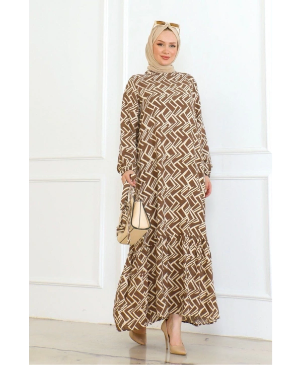 Çizgi Desenli Elbise - Taba