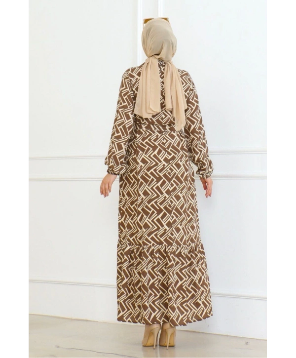 Çizgi Desenli Elbise - Taba