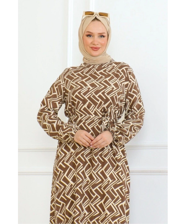 Çizgi Desenli Elbise - Taba