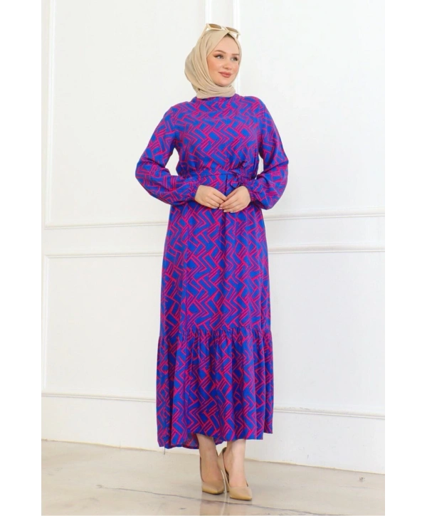 Çizgi Desenli Elbise - Mor