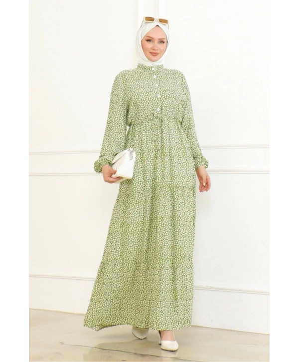Çiçek Desenli Viskon Elbise - Yeşil