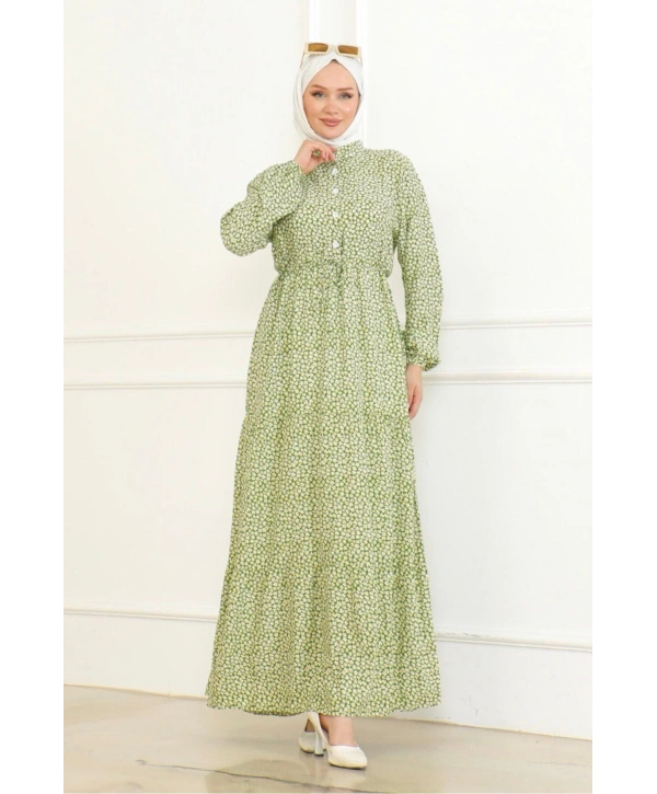 Çiçek Desenli Viskon Elbise - Yeşil