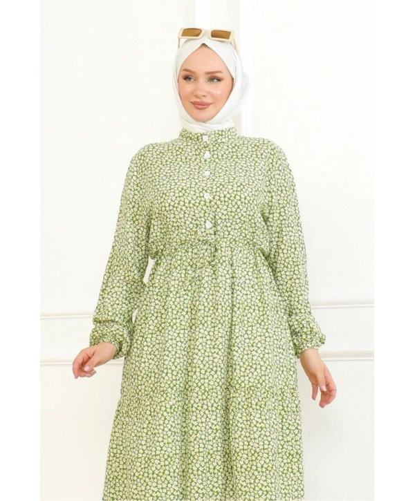 Çiçek Desenli Viskon Elbise - Yeşil