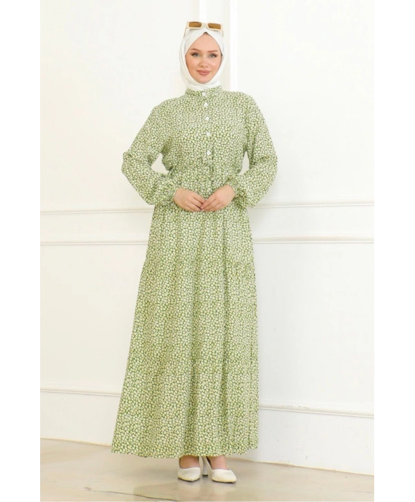 Çiçek Desenli Viskon Elbise - Yeşil