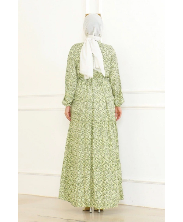 Çiçek Desenli Viskon Elbise - Yeşil