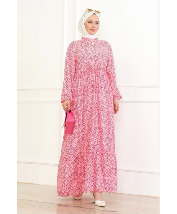 Çiçek Desenli Viskon Elbise - Pembe