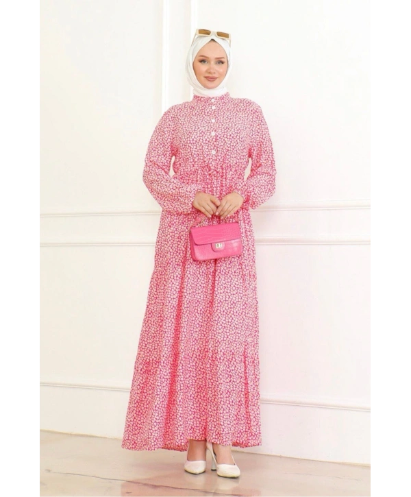 Çiçek Desenli Viskon Elbise - Pembe