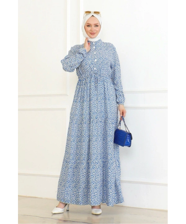 Çiçek Desenli Viskon Elbise - Mavi