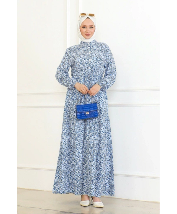 Çiçek Desenli Viskon Elbise - Mavi