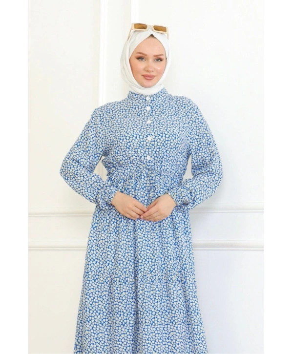 Çiçek Desenli Viskon Elbise - Mavi