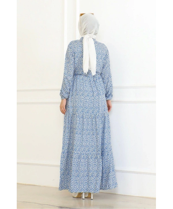 Çiçek Desenli Viskon Elbise - Mavi