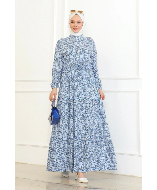 Çiçek Desenli Viskon Elbise - Mavi