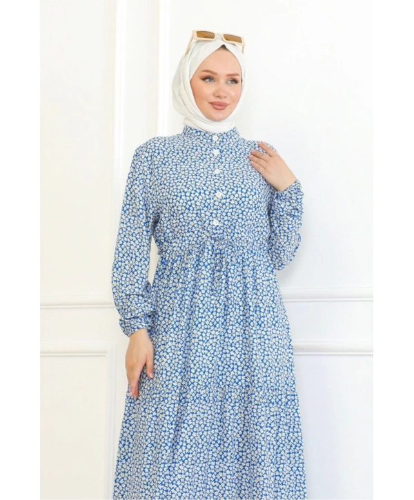 Çiçek Desenli Viskon Elbise - Mavi