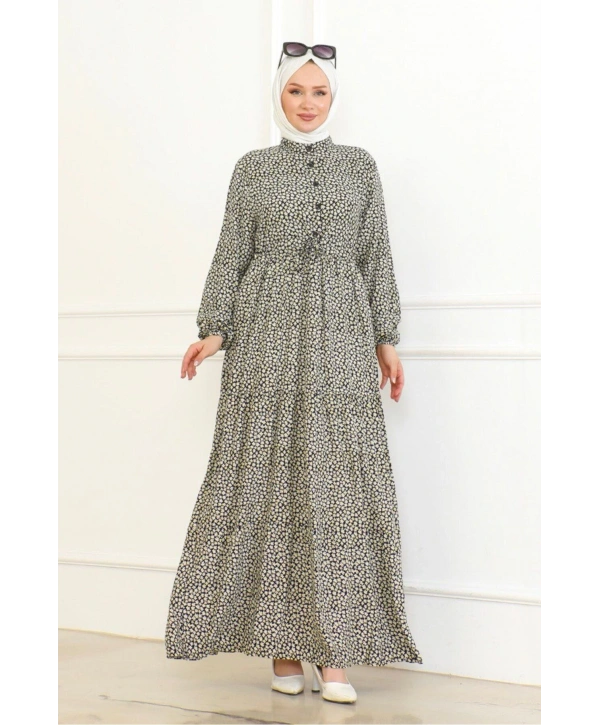 Çiçek Desenli Viskon Elbise - Siyah