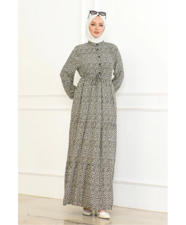 Çiçek Desenli Viskon Elbise - Siyah