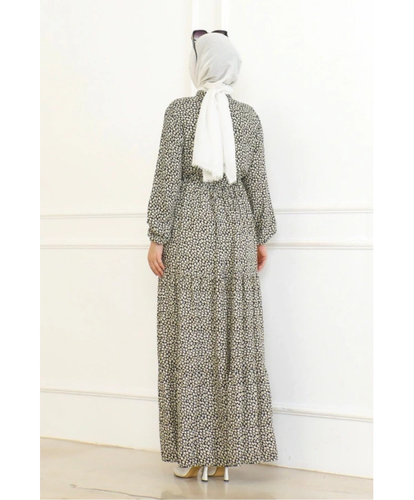 Çiçek Desenli Viskon Elbise - Siyah