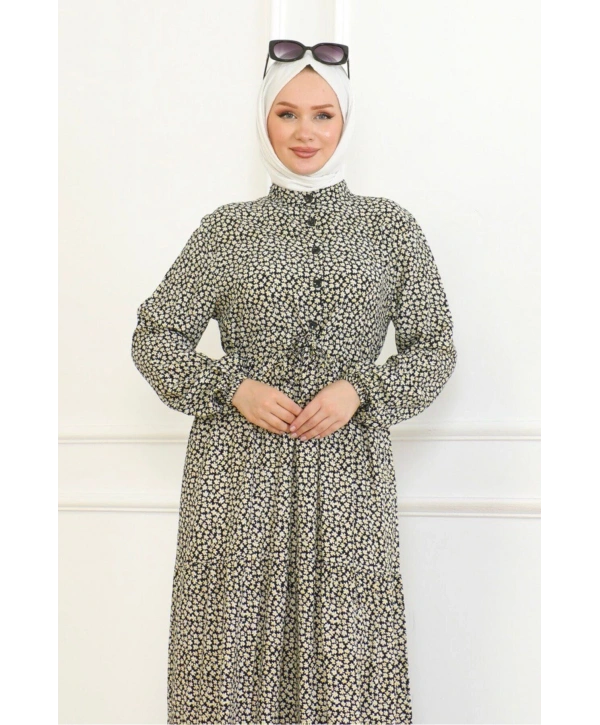 Çiçek Desenli Viskon Elbise - Siyah