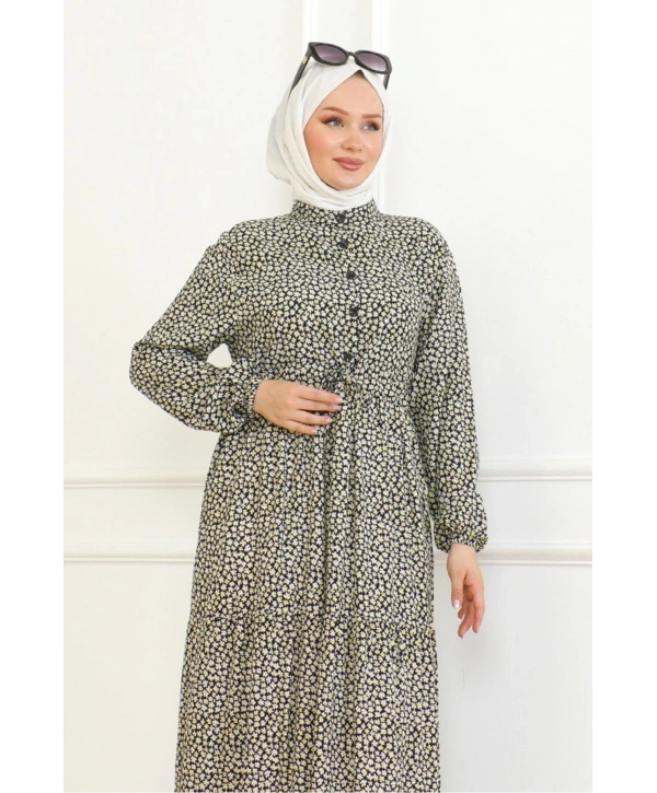 Çiçek Desenli Viskon Elbise - Siyah