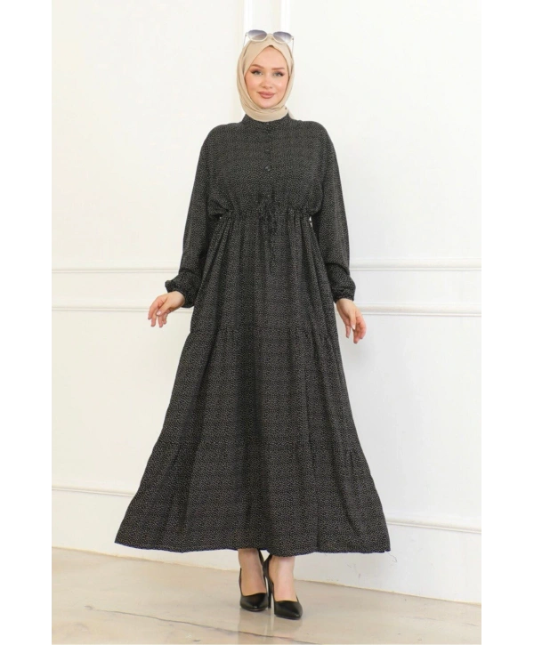 Düğme Detaylı Desenli Viskon Elbise - Siyah