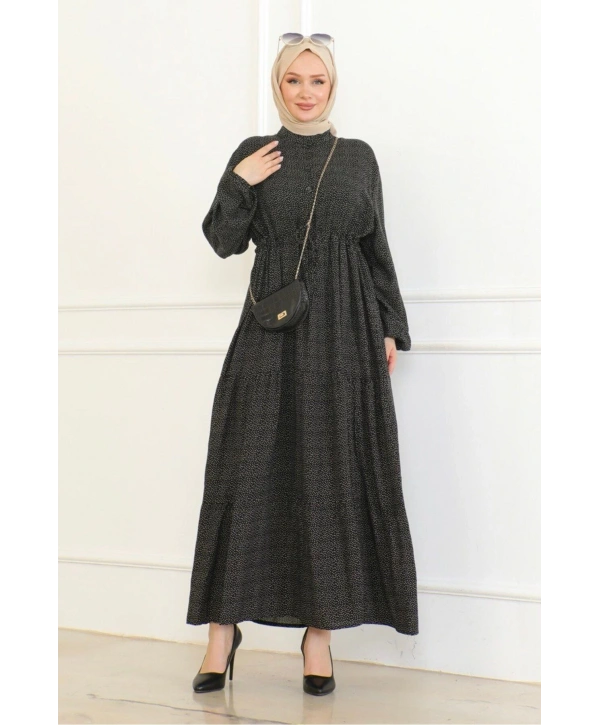 Düğme Detaylı Desenli Viskon Elbise - Siyah