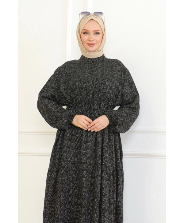 Düğme Detaylı Desenli Viskon Elbise - Siyah