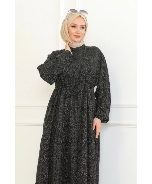 Düğme Detaylı Desenli Viskon Elbise - Siyah