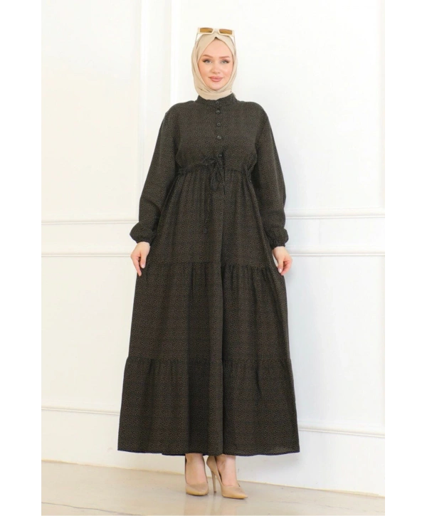 Düğme Detaylı Desenli Viskon Elbise - Siyah/Kahve