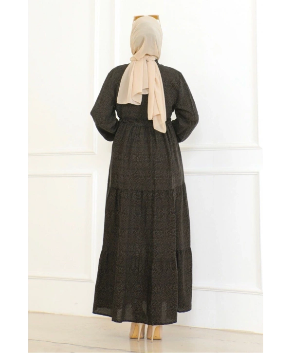 Düğme Detaylı Desenli Viskon Elbise - Siyah/Kahve