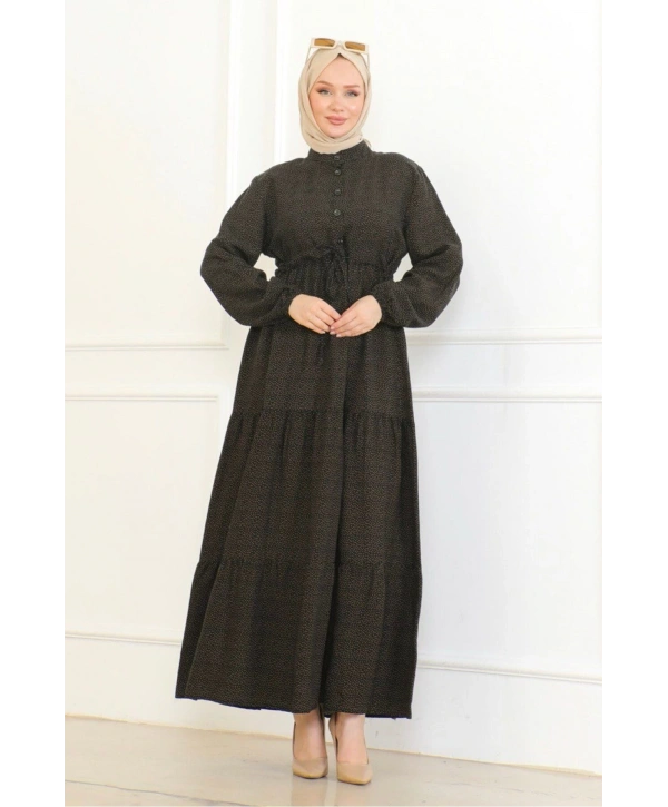 Düğme Detaylı Desenli Viskon Elbise - Siyah/Kahve