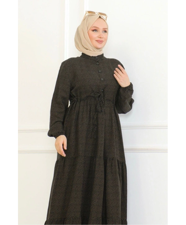 Düğme Detaylı Desenli Viskon Elbise - Siyah/Kahve