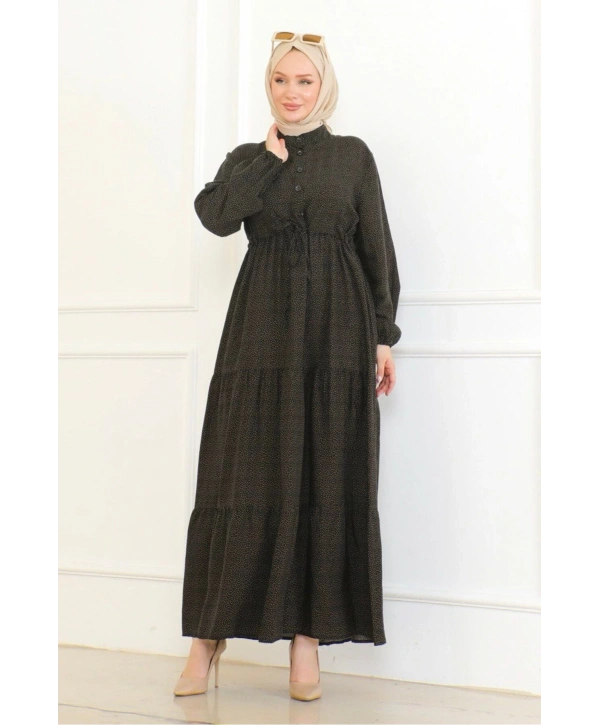 Düğme Detaylı Desenli Viskon Elbise - Siyah/Kahve