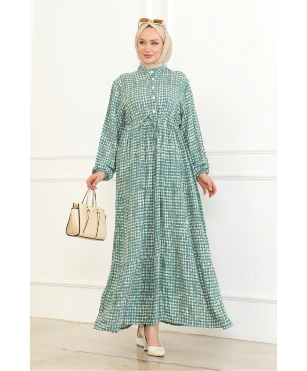 Desenli Viskon Elbise - Yeşil