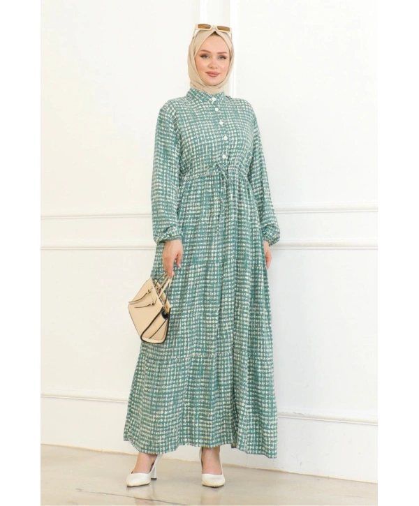 Desenli Viskon Elbise - Yeşil