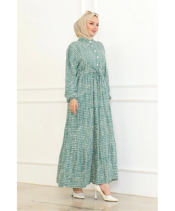 Desenli Viskon Elbise - Yeşil