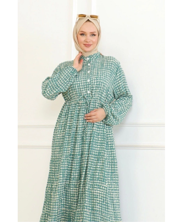 Desenli Viskon Elbise - Yeşil
