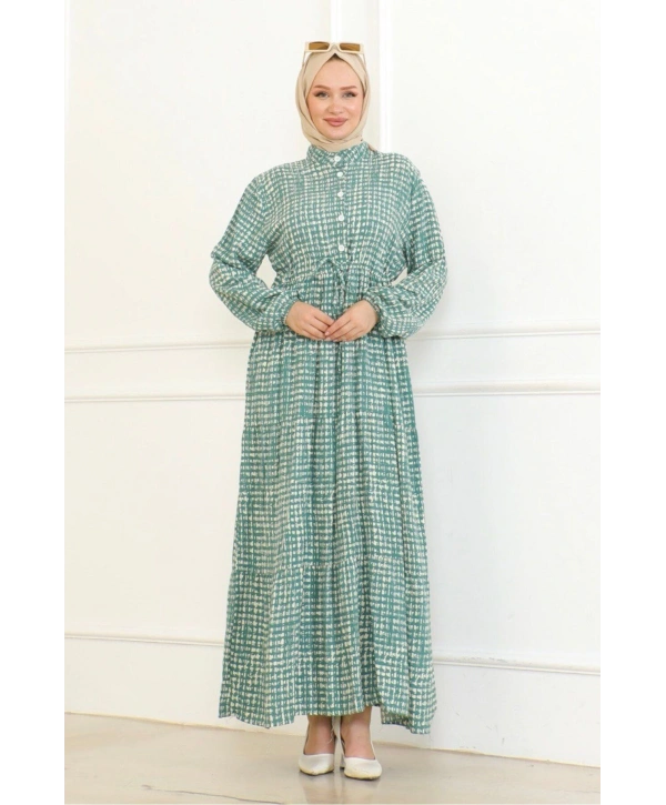 Desenli Viskon Elbise - Yeşil
