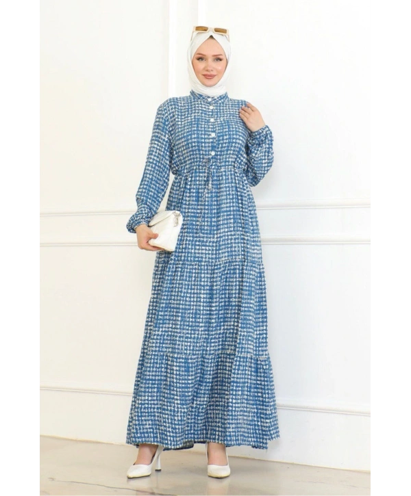 Desenli Viskon Elbise - Mavi