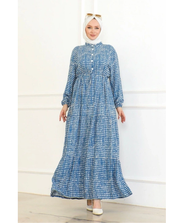 Desenli Viskon Elbise - Mavi