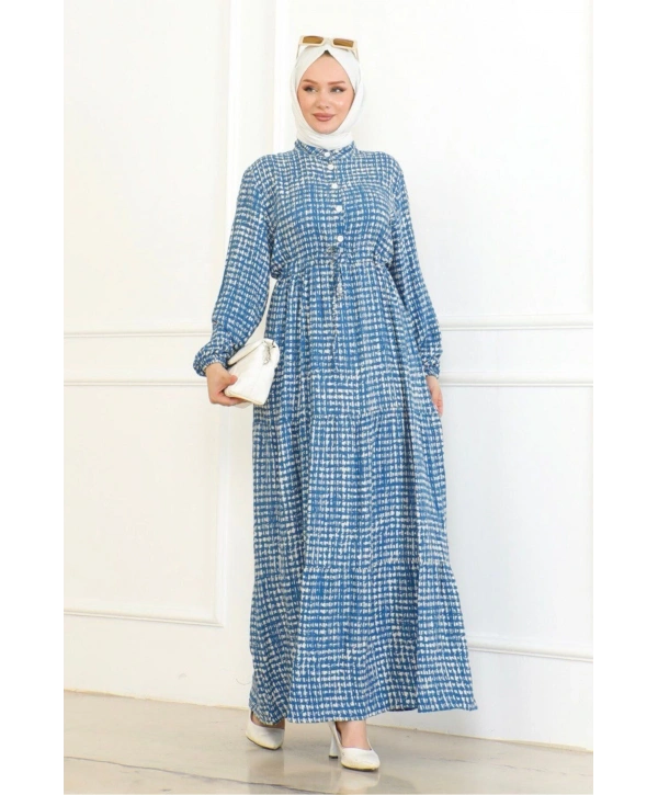 Desenli Viskon Elbise - Mavi
